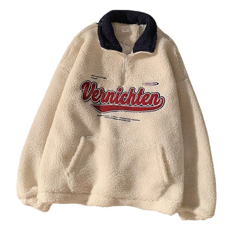 Retro Lapels Embroidery Half Zipper Cashmere Hoodie