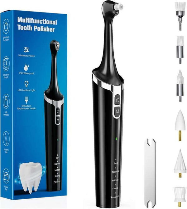 Electric Tooth Polisher,Denture Care, Denture Cleansers, Rechargeable Teeth Cleaning Kit with 6 Cleaning Heads, 5 Speed Modes, LED Ligght, USB-C Charger, IPX6 Waterproof, Easy to Use, for Daily Teeth Cleaning at Home