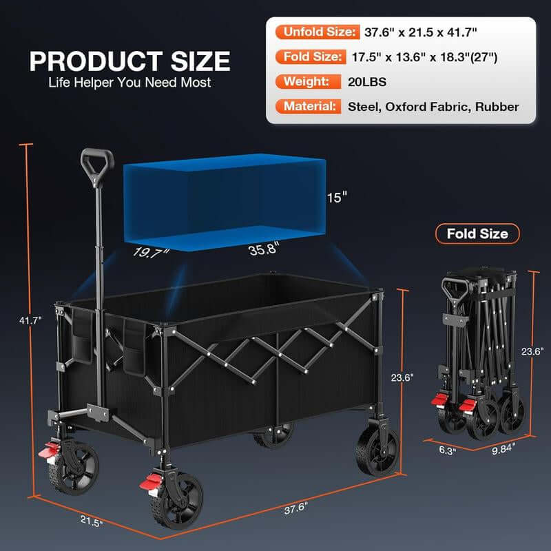 180L Large Capacity Collapsible Wagon Carts with Wheels,Foldable Wagon with 330Lbs,Heavy Duty Shopping Cart,Portable Wagons Carts Foldable for Beach,Sports,Garden,Laundry,Outdoor-Black