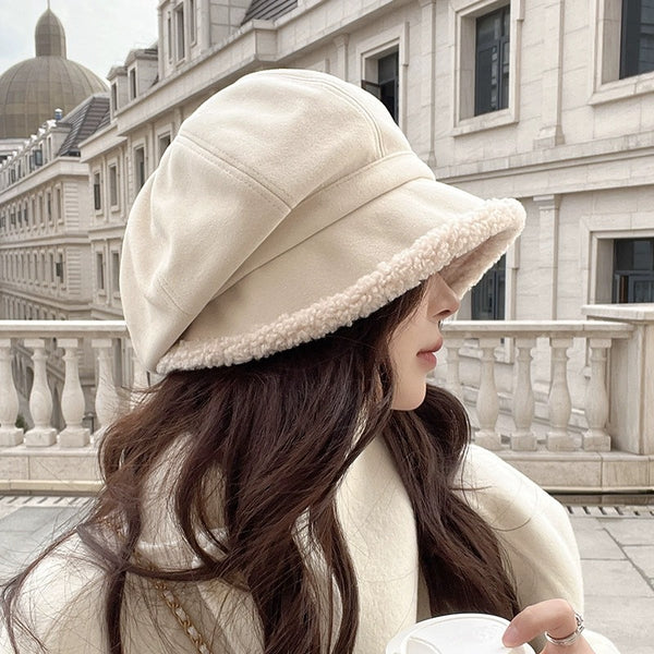 Beret Women's Autumn And Winter Big Head Circumference Fleece-lined Warm Pile Heap Cap Bucket Hat