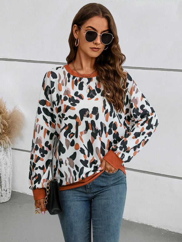 Women's Round Neck Drop-shoulder Lantern Sleeve Printed Sweater