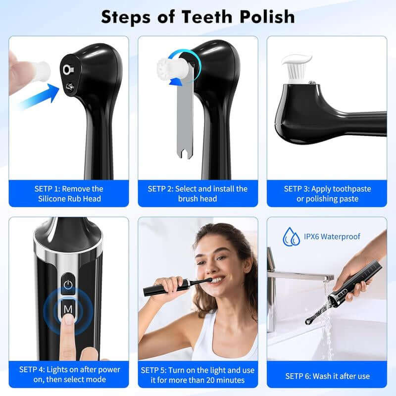 Electric Tooth Polisher,Denture Care, Denture Cleansers, Rechargeable Teeth Cleaning Kit with 6 Cleaning Heads, 5 Speed Modes, LED Ligght, USB-C Charger, IPX6 Waterproof, Easy to Use, for Daily Teeth Cleaning at Home